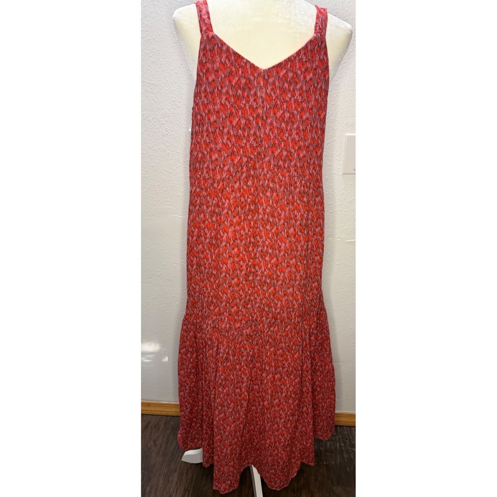 Joie Maxi Dress Womens Small Red Pink Tiered V-Neck Ikat Boho Flowy Tropical